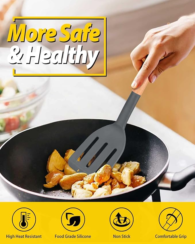 Pack of 2 Silicone Cooking Spatula, Heat Resistant Solid Turner, Non Stick Slotted Spatulas with Wooden Short Handle,Ideal Wood Kitchen Utensils Set for Frying, Baking, Flipping, Turning-Ruum Studio Home