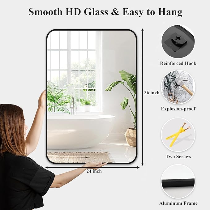Fabuday Black Bathroom Mirror for Over Sink Wall - 24x36 Rectangle Mirror with Matte Metal Frame, Big Rounded Rectangular Vanity Mirrors for Bedroom, Living Room, Entryway, Horizontally/Vertically-Ruum Studio Home