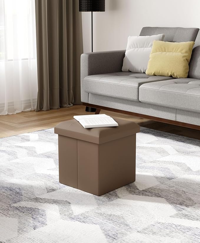 15 Inches Small Folding Storage Ottoman Cube, Storage Footrest, Foot Rest Stool, for Living Room, Bedroom, Dorm, Hallway, Entryway, Brown-Ruum Studio Home