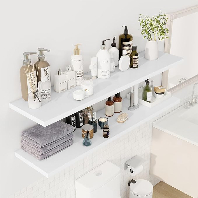 55" Floating Shelves for Wall, 12" Deep Slim White Floating Shelves, Wall-Mounted Shelves for Bedroom, Living Room, Kitchen, Bathroom - Set of 2-Ruum Studio Home