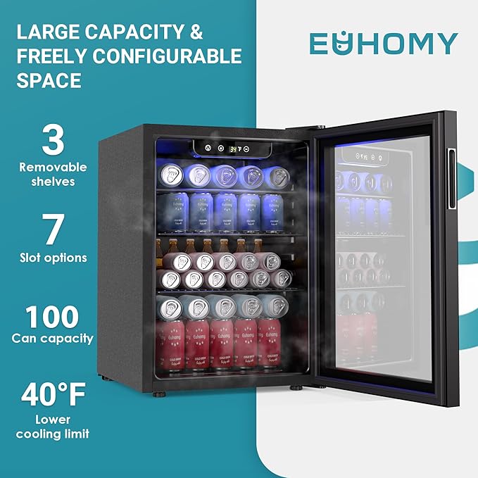 EUHOMY 100 Can Beverage Refrigerator cooler-Mini Fridge Glass Door for Beer Drinks Wines, Freestanding Beverage Fridge with Adjustable Shelves Blue LED for Home/Office/Dorm/Bar, 2.7 cu.ft-Ruum Studio Home