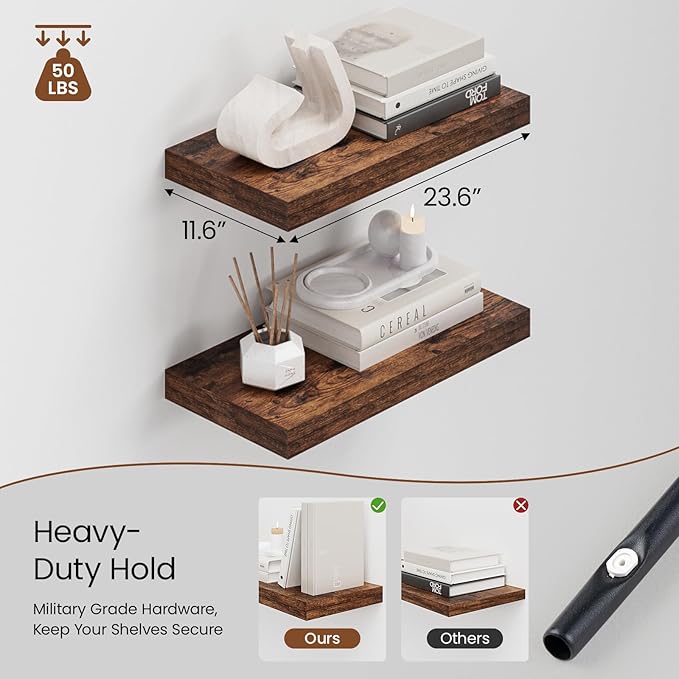 Heimlove 12" Deep Floating Shelves for Wall, 24 Inch Wall Shelf Bathroom Shelves Set of 2, Wall Mounted Shelves for Books Living Room Laundry Room Bedroom Kitchen Home Office, Rustic Brown-Ruum Studio Home