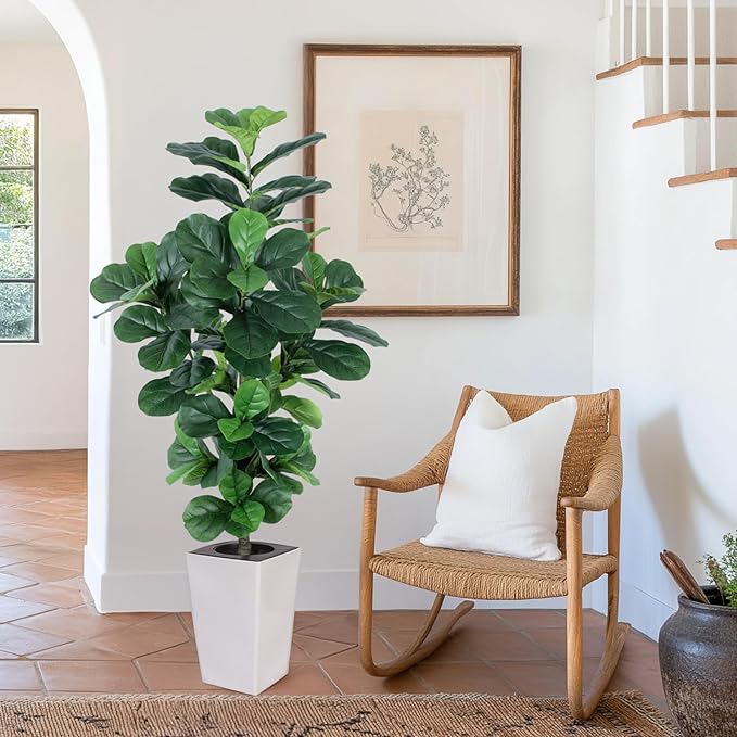 Fiddle Leaf Fig Tree, 5ft Tall Fake Silk Tree in White Planter, Faux Floor Plants with 108 Fiddle Leaves, Artificial Plants for Home Office Decor Indoor-Ruum Studio Home