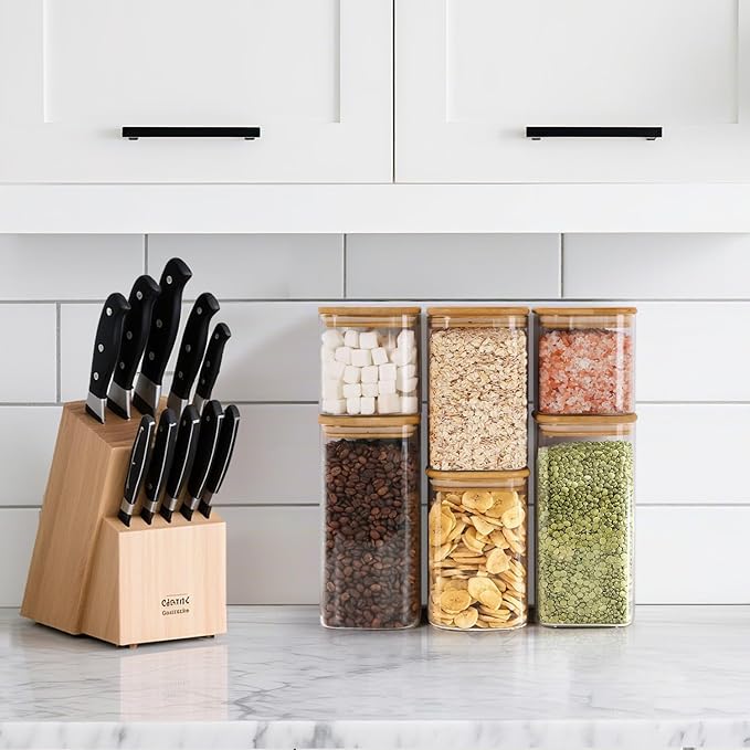 ComSaf Airtight Glass Storage Canister with Lids (0.7Qt/1.2Qt/1.6Qt) Set of 6, Food Storage Container Kitchen Pantry Storage Jar, Glass Jars for Flour Cereal Sugar Tea Coffee Beans Snacks, Square-Ruum Studio Home