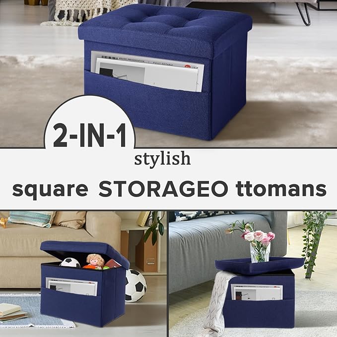LINMAGCO Storage Ottoman Folding Foot Stool Foot Rest with Side Pocket Modern Ottoman with Storage Short Sofa Stool Linen Cloth 17x13x13(Navy)-Ruum Studio Home