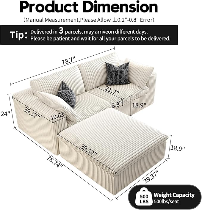 LoveSeat Cloud Couch Modular Sectional Sofa for Living Room,Modern Sofa with Deep Seat，2 Seater Boneless Couch with Ottoman,Comfy Upholstered Couches for Apartment, Studio, Office,Bedroom，White-Ruum Studio Home