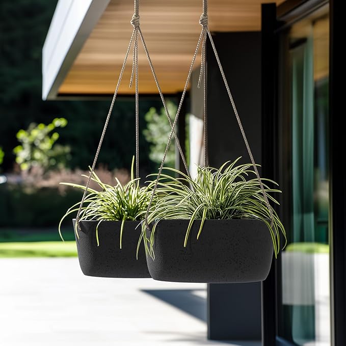 La Jolie Maison Large Hanging Planters - 12 Inch Outdoor Flower Pots, Hanging Garden Planters Set of 2, Black Charcoal-Ruum Studio Home