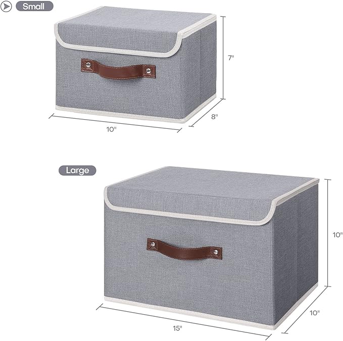ANMINY Storage Bin with Lid Storage Boxes with PU Leather Handles PP Plastic Board Decorative Foldable Lidded Cotton Linen Fabric Home Cubes Baskets Closet Organizer Container - Gray, Small Size-Ruum Studio Home