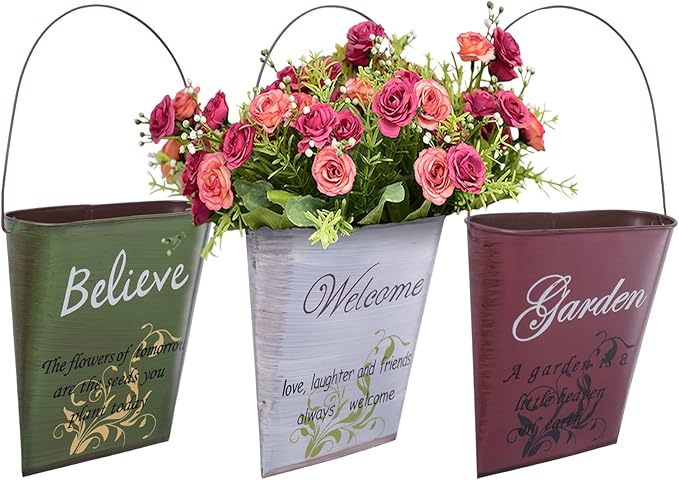 GDYOOSHOW 3Pcs 7.4" Tall Galvanized Metal Hanging Planter Rustic Wall Flower Bucket Echelon Wall Pot for Garden Balcony Indoor or Outdoor-Ruum Studio Home