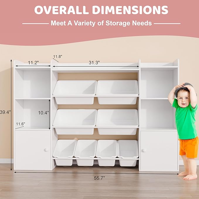 Xilingol Kids Toy Storage Organizer W/8 Removable Toy Bins, 4-Tier Toy Organizers W/6 Storage Cubbies, Kid Bookshelf and Toy Storage for Playroom, Bedroom, Kids Room, Classroom-Ruum Studio Home