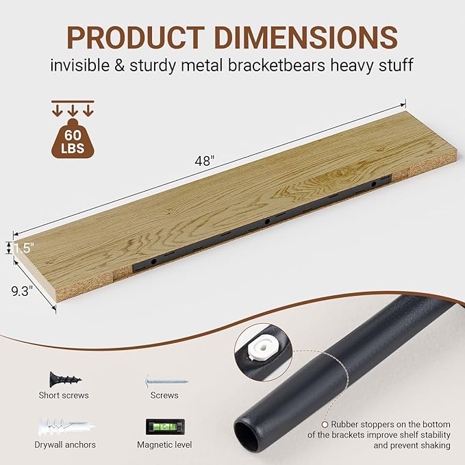 Heimlove Floating Shelves for Wall 48 Inches Long,9.3" Deep Oak Floating Shelf Set of 2,Wall Mounted Wood Shelves for Bathroom Bedroom Living Room Kitchen Office,Shelf for Books Storage Room Decor-Ruum Studio Home