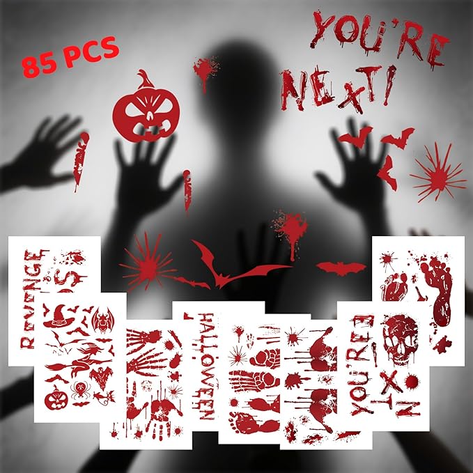 8 Sheets Halloween Window Clings, Bloody Handprint Footprint Window Stickers Scary Halloween Decorations Self Adhesive Wall Decal for Party Bathroom Car Door Zombi Restroom Sign Decals-85 Pcs-Ruum Studio Home
