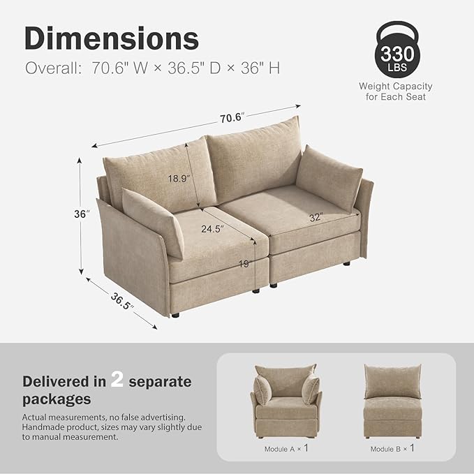 Oversized Loveseat Sofa, Modern Modular Sectional Couch Beige Fluffy Chenille Mid Century 2-Seat 24.5" Deep Seat for Apartment, Living Room, Bedroom-Ruum Studio Home