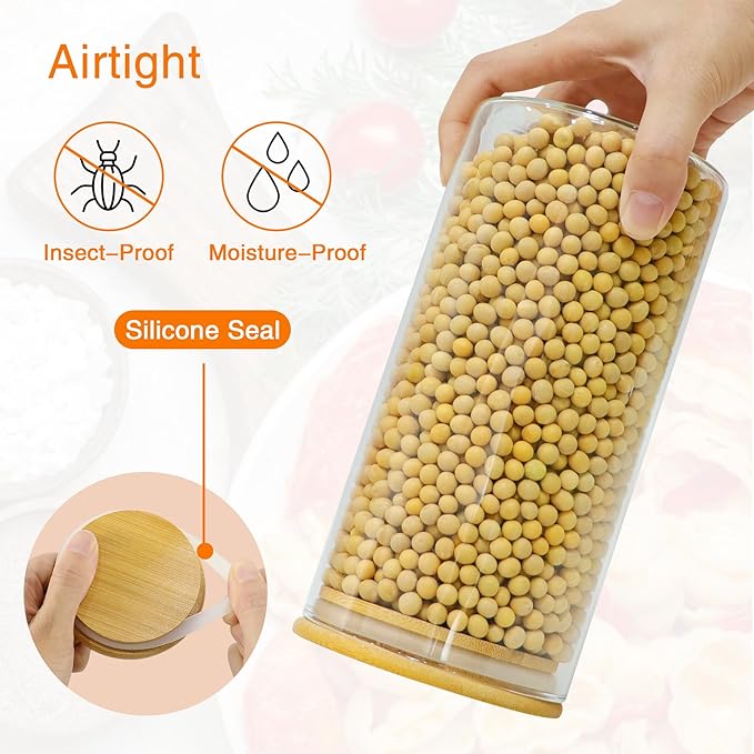 Glass Storage Jars 45 oz 4 Pcs Clear Glass Food Storage Containers with Airtight Bamboo Lid Stackable Kitchen Canisters for Candy, Cookie, Rice, Sugar, Flour, Pasta, Nuts-Ruum Studio Home