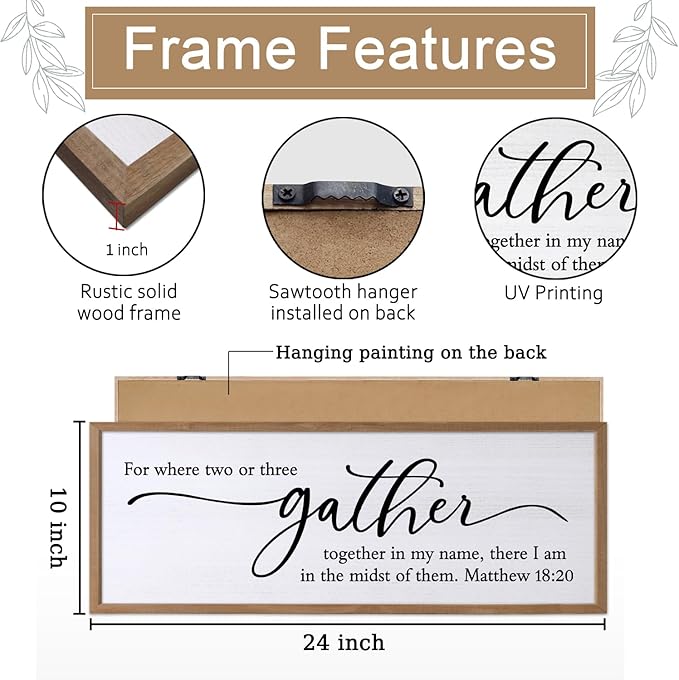 For Where Two Or Three Gather Sign Dining Room kitchen Wall Decor Bible Verse Scripture Matthew 18:20 Wooden Frame 32X12 Inch for Christian Family Hanging Art (Wood)-Ruum Studio Home