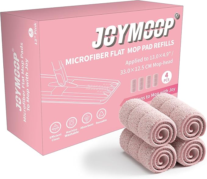 JOYMOOP Flat Mop Pads, Microfiber Mop Cleaning Pads, Washable Pads, Pads Replacement for Flat Mop or Mop Bucket Set, Pack of 4 Refills 13inch - Pink-Ruum Studio Home