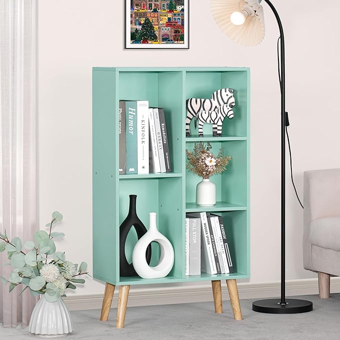 LEYAOYAO 5 Cube Bookshelf 3-Tier Bookcase with Legs,Mint Green Kids Book Shelf Cute Storage Organizer,Free Standing Open Toy Shelves Wood Bookshelves,Display Bookcases for Bedroom,Living Room,Nursery-Ruum Studio Home