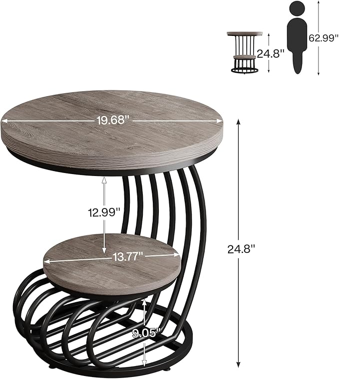 Tribesigns Round End Table: 2 Tiers Wood Side Table with Storage Shelf, Rustic Gray Bedside Nightstand, Metal Arc-Shaped Frame Accent Table for Living Room, Bedroom-Ruum Studio Home