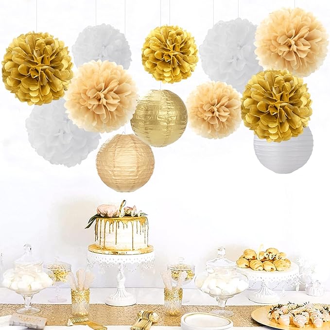 White Gold Party-Decorations Paper Flowers Lanterns - 15PCS Engagement Birthday Graduation Wedding Tissue Pom Poms Streamers,Neutral Bachelorette Baby Bridal Shower Hanging Supplies Decor Hugfond-Ruum Studio Home