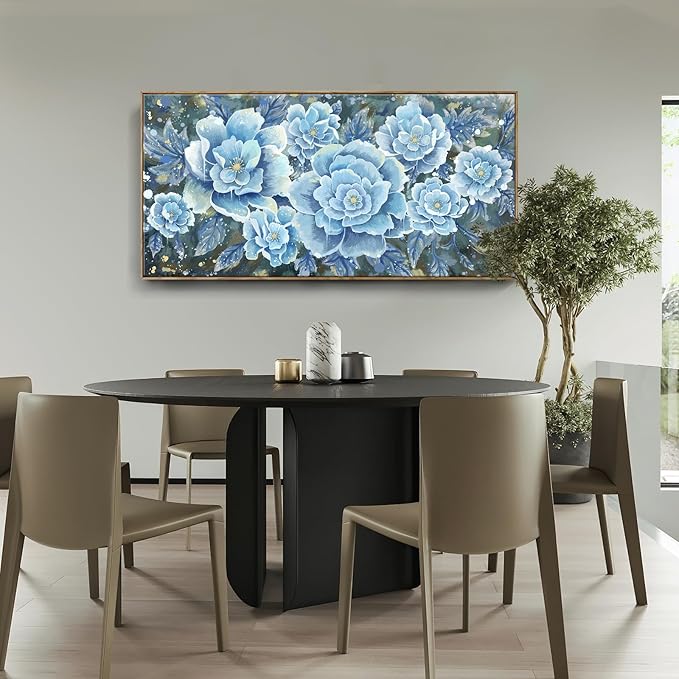 Extra Large Wall Art for Living Room, Framed Big Floral Blue Flower Canvas Print, Modern Oversized Blossom Peony Wall Picture Botanical Artwork for Dining Room Bedroom & Office Décor-Ruum Studio Home