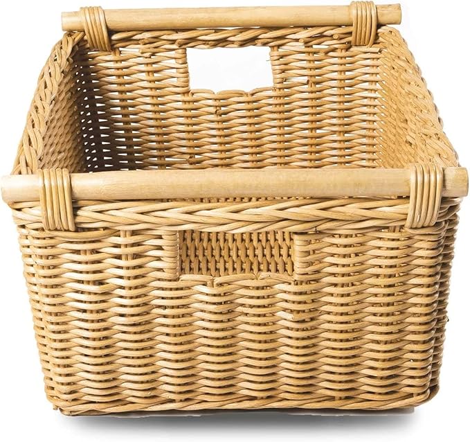 The Basket Lady Pole Handle Wicker Storage Basket, Small, 14 in L x 10 in W x 7.5 in H, Sandstone-Ruum Studio Home