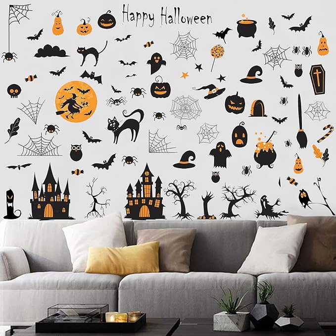 84 PCS Window Clings - Halloween Wall Stickers for Living Room, Pumpkins, Castles, Bats, Cats, Vampire, Witch Stickers, Household Decorative Murals, Party Supplies-Ruum Studio Home