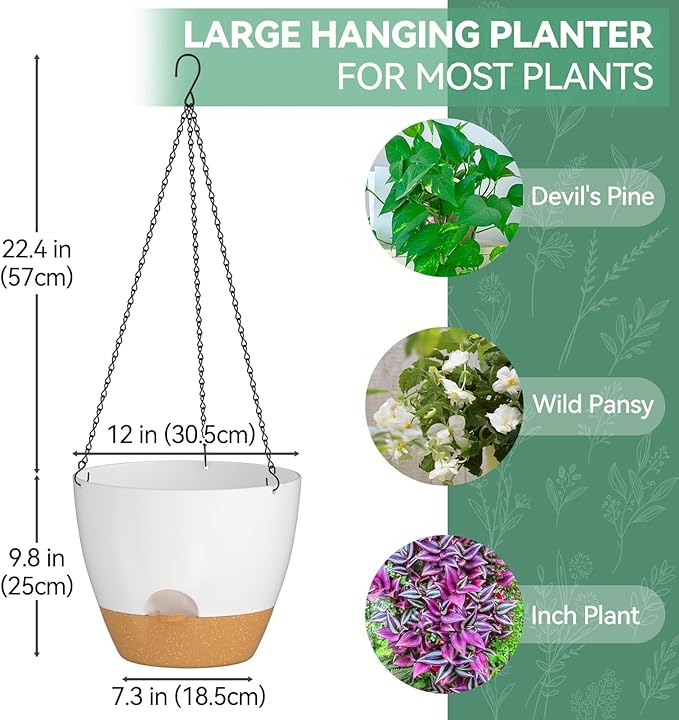 ZMTECH 12 Inch Hanging Planters for Indoor Outdoor Plants, 1 Pack Self Watering Hanging Plant Pots with Drainage Holes and Removable Saucer, Plastic Flower Hanging Pots with Watering Lip (White)-Ruum Studio Home