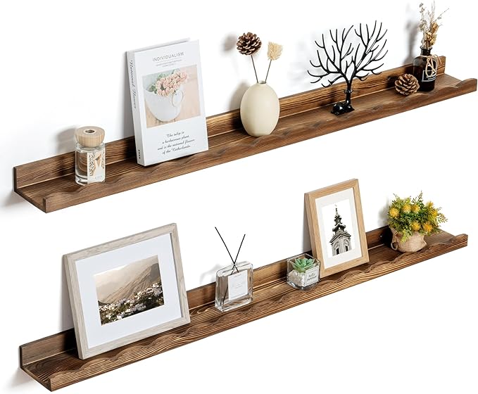 Fun Memories Picture Ledge Shelf for Wall, 48 inch Pine Wood Nursery Book Shelves Set of 2- Wall Book Shelves for Kids Room, Home Decor - Kitchen Spice-Carbonized-Ruum Studio Home