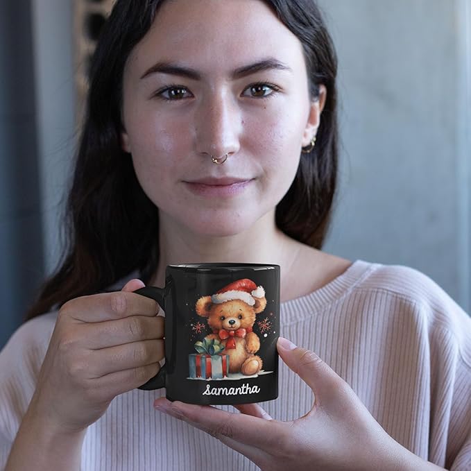 Custom Name Xmas Teddy Bear Cup, Personalized Christmas Teddy Bear Mug, Black Mug With Santa Hat Design - 11oz & 15oz, Gift For Men & Women-Ruum Studio Home
