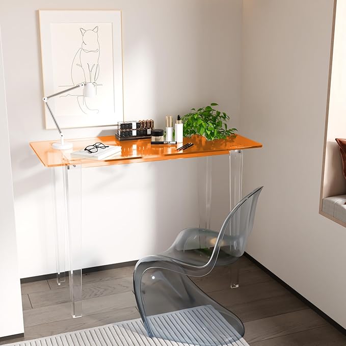 Acrylic Desk, Modern Study Table for Home Office - Extended Surface Multi-Purpose Console & Entryway Table, Sturdy Lightweight Design (42.5-inch, Orange)-Ruum Studio Home
