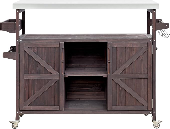 Farmhouse Solid Wood Grill Table with Stainless Steel Top, Outdoor Rolling Bar Cart & Storage Cabinet with Spice & Towel Rack, Outdoor Kitchen Island with Internal Storage Rack, Dark Brown-Ruum Studio Home