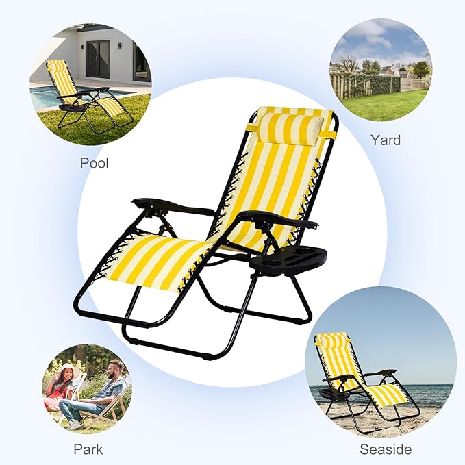 Nazhura Set of 2 Relaxing Recliners Patio Chairs Adjustable Steel Mesh Zero Gravity Lounge Chair Beach Chairs with Pillow and Cup Holder (Yellow Stripe)-Ruum Studio Home