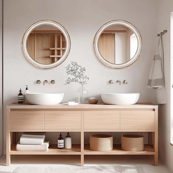 Round Bathroom Mirror for Vanity-Distressed Wood Circle Mirror, Farmhouse Entryway Mirror and Decorative Wall Mirrors for Living Room-Ruum Studio Home