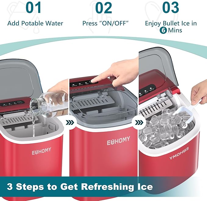 EUHOMY Countertop Ice Maker Machine with Handle, 26lbs Per Day, 9 Ice Cubes Ready in 6 Mins, Auto-Cleaning Portable Ice Maker with Basket and Scoop, for Home/Kitchen/Camping/RV (Red)-Ruum Studio Home