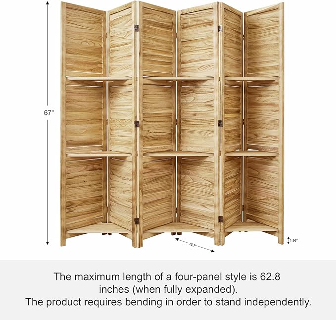Room Divider with Shelves, 5.6 Ft Tall Folding Wood Screen with Double Hinges for Home Office Bedroom Hotel Decoration (6 Panels, Natural)-Ruum Studio Home