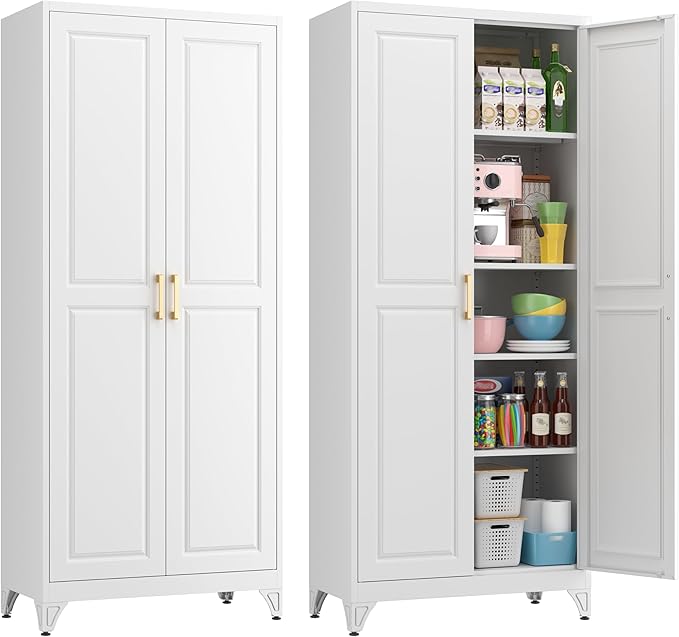 75" Kitchen Pantry Cabinet, White Metal Storage Cabinets with 2 Doors and 4 Adjustable Shelves, Tall Pantry Storage Cabinet for Kitchen, Dining Room, Living Room-Ruum Studio Home