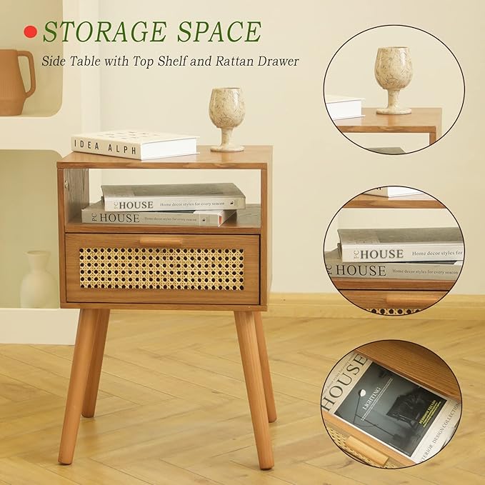 MaxSmeo Mid Century Modern Nightstand with Drawer, Small Nightstand Bedside Table, Rattan Nightstand, Wood End Table for Bedroom, Living Room (Brown)-Ruum Studio Home