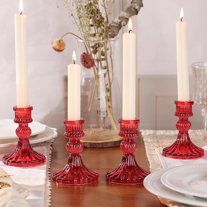 12PCS Red Candlestick Holders Set- 4" H Taper Candle Holders, Glass Candle Holders Bulk for Activities, Party, Home Table Centerpieces, Festival Gifts & Windowsill Decor-Ruum Studio Home