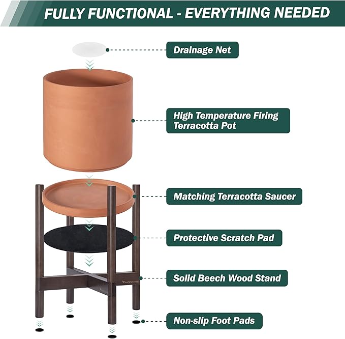 D'vine Dev Terracotta Planter with Walnut Color Stand - 12 Inch Modern Round Flower Pot with Wood Planter Holder, Terracotta, 55-B-W-5-Ruum Studio Home