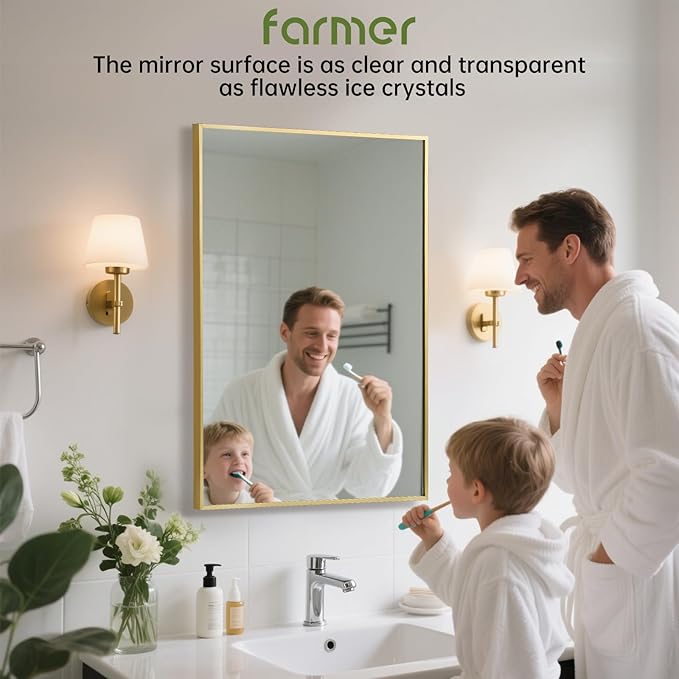 FARMER 16x24 Inch Gold Bathroom Mirror, Rectangle Wall Mounted Mirror, Vanity Mirror, Brushed Square Mirror, Framed Bathroom Mirror for Bedrooms, Entryways, Living Rooms, Horizontal/Vertical-Ruum Studio Home