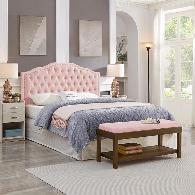 24KF Upholstered Button Tufted Queen Headboard with Nailhead Trim, Elegant Boucle Fabric Full headboard, 6031-Q-Boucle-Pink-Ruum Studio Home