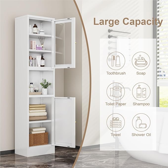 67" Tall Bathroom Storage Cabinet, Narrow Metal Floor Cabinet with Glass Door and Adjustable Shelves, Freestanding Metal Locker for Laundry, Kitchen, Dining Room-Ruum Studio Home
