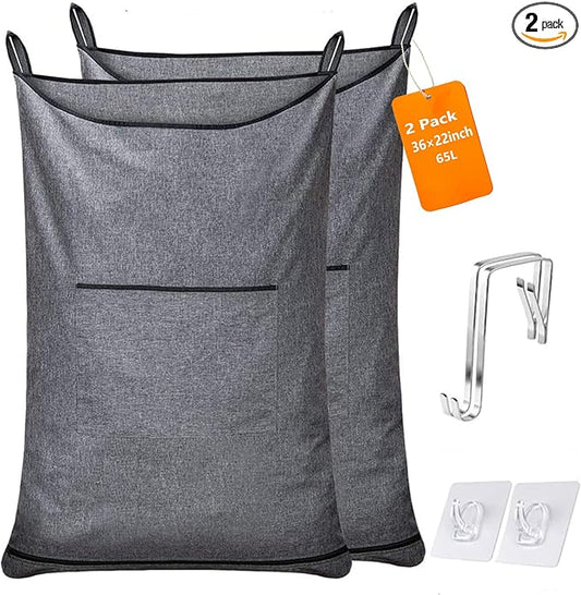 XL Hanging Hamper, Over The Door Hamper with Free Hanging Hooks, Space Saving Over Door Laundry Bag and Laundry Basket for Storage, 2 Pack, (36x22Inch Pop Heather Grey)-Ruum Studio Home
