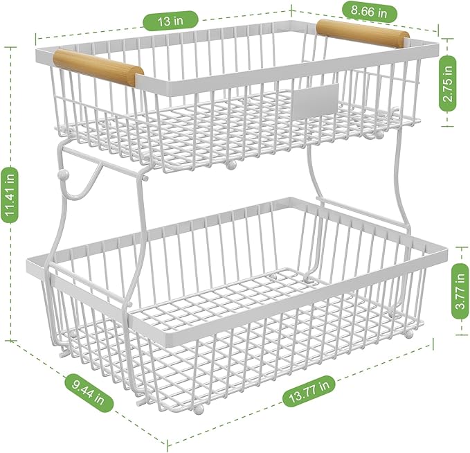 2 Tier Fruit Basket for Kitchen Counter with 2 Banana Hangers, Countertop Metal Fruit Bowl with Wooden Handle, Large Storage Stand for Vegetables, Snacks, Breads, Produce Storage – White-Ruum Studio Home
