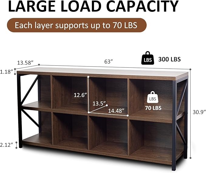 8 Cube Storage Organizer Bookshelf, Industrial Horizontal Bookcase, Accent Cubby Shelf, Media Console Table for Living Room, Home Office, 63 Inches, Brown Walnut-Ruum Studio Home