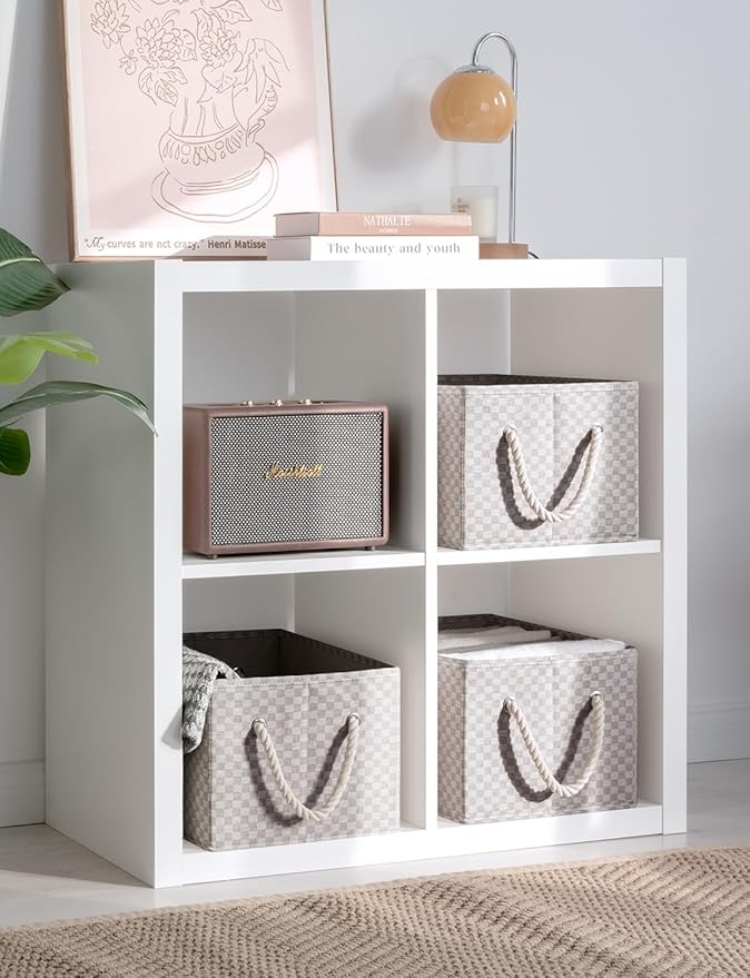 StorageWorks Storage Baskets for Shelves, Foldable Fabric Closet Storage Bins with Handles, Fabric Storage Bins Clothes Organizer, Khaki Check, 3-Pack, Large-Ruum Studio Home