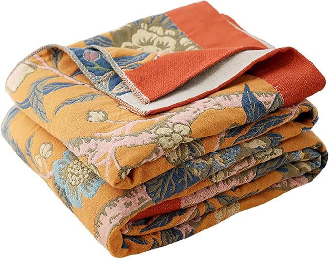 Boho Muslin Blanket for Adults 4-Layer Gauze 80 x 90 Inches Soft Cozy 100% Cotton Summer Cooling Blanket Floral Decor for Sofa Bed Coverlet Both Sides (Flowr Branch Orange, 80 x 90 in)-Ruum Studio Home