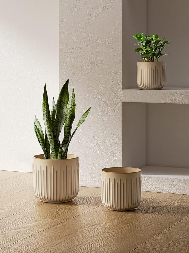 LE TAUCI Fluted Ceramic Planters Set of 3 – 8.3/7 / 5.7 in Cloud Cream Reactive Cylinder Indoor Plant Pots with Drainage Plug & Mesh, Glossy Stoneware Flower Pots for Succulents Herbs-Ruum Studio Home
