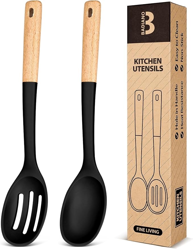Silicone Cooking Spoons, Great for Scooping Sides and Serving Hearty Stews, BPA-Free Matte Silicone, Wooden Handle Serving Spoon for Nonstick Cooking Surfaces (Black)-Ruum Studio Home
