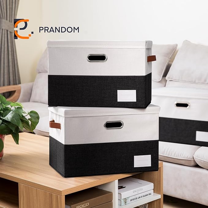 PRANDOM Foldable Storage Bins with Lids [3-Pack] Fabric Collapsible Storage Boxes Baskets Cubes Containers with Handles for Closet Living Room Bedroom (Black & White 17.7x11.8x11.8'')-Ruum Studio Home